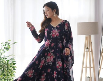 Black base floral printed Georgette anarkali set with dupatta for partywear,  dress for rakhi ,indian ethnic wear,anarkali gown set