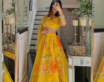 Haldi yellow flower printed lehenga choli set with dupatta for haldi function (set of 3) haldi ceremony dress,lehenga for haldi,haldi outfit