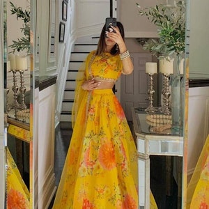 Haldi yellow flower printed lehenga choli set with dupatta for haldi function (set of 3) haldi ceremony dress,lehenga for haldi,haldi outfit