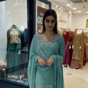 Aqua blue heavy embroidered sharara with top & dupatta,dress for eid,pakistani suit set,pakistani dress,gift for eid,designer sharara suit image 2