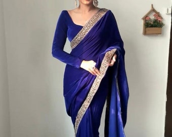Royal blue plain hot sale saree with designer blouse