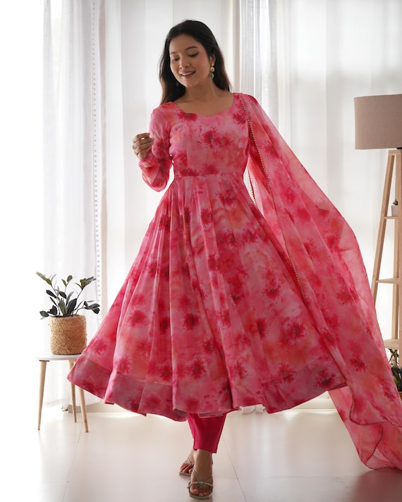 New Peach Pink Floral Printed Anarkali Dress for Summer Wear, Georgette  Anarkali Suit, Anarkali Gown, Party Wear Dress,dress for Summer Wear 