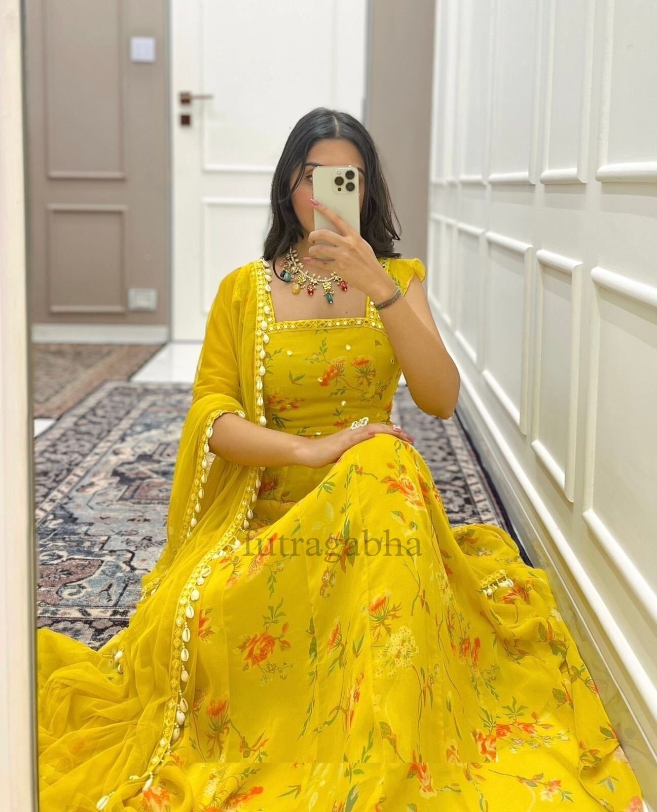 Turmeric Yellow Base Floral Printed Sleeveless Gown With - Etsy Canada