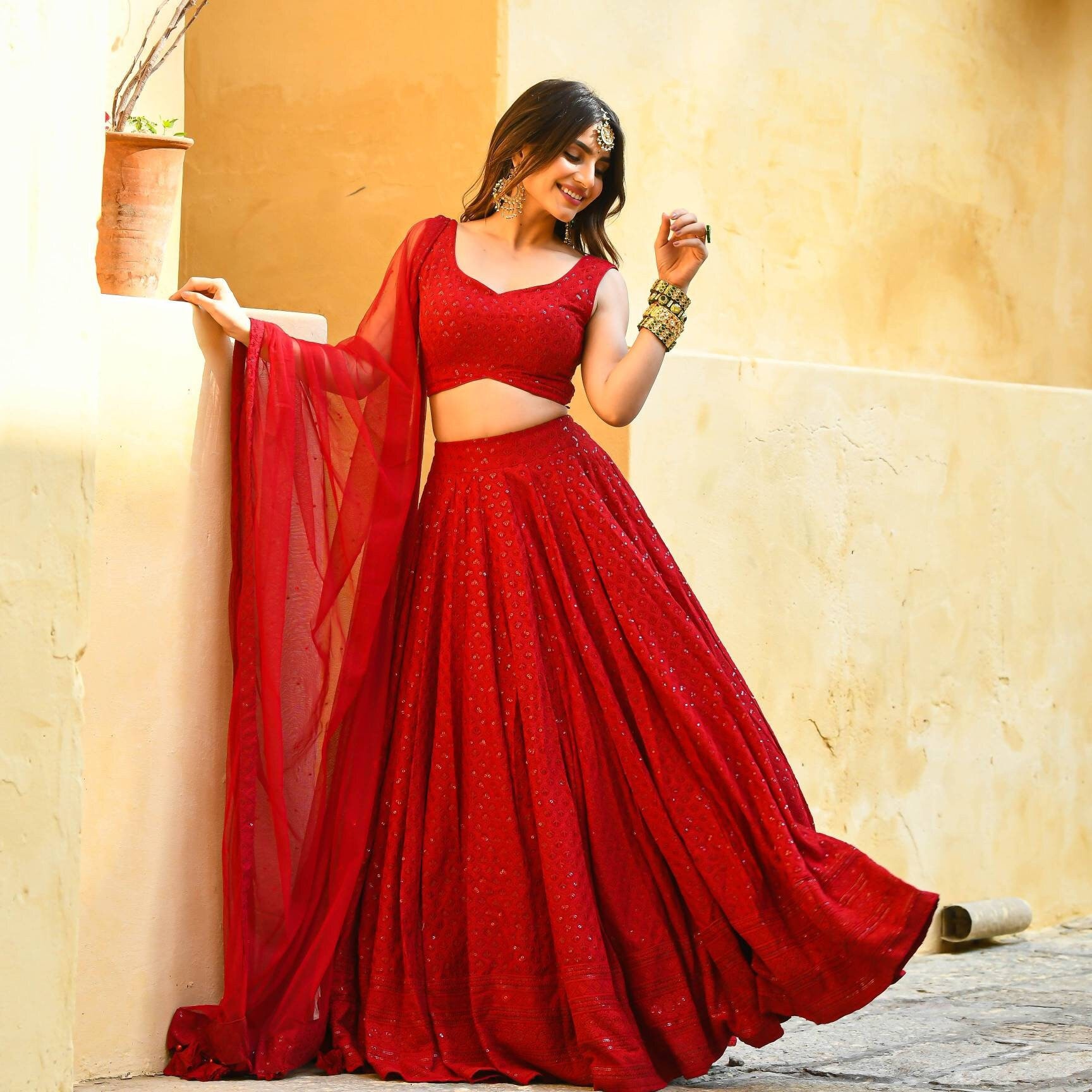 Velvet Bridal Lehenga Choli in Red with Stone with moti - LC4088