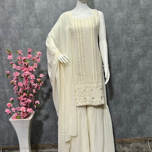 New white trending pure lakhnavi work kurta with sharara and dupatta designer sharara suit sharara dress trending dress summer party wear