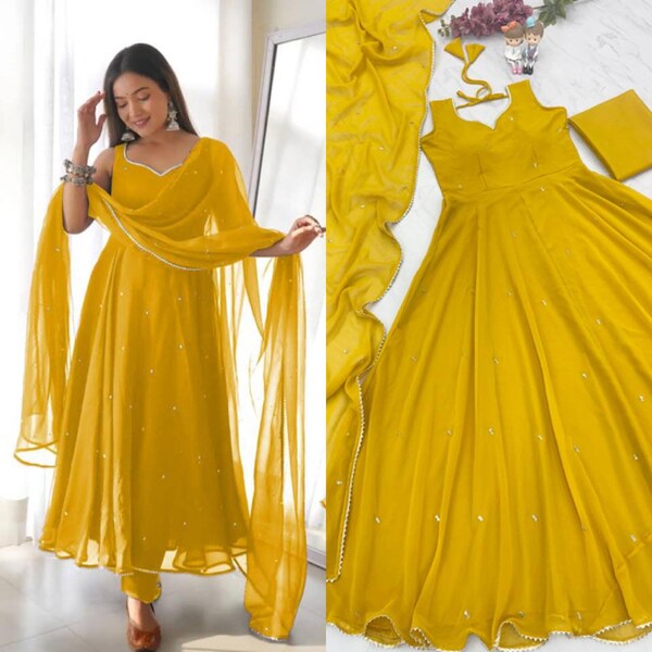 Turmeric yellow base floral sleeveless gown with dupatta (set of 2) size available upto 44 socially for haldi function in wedding