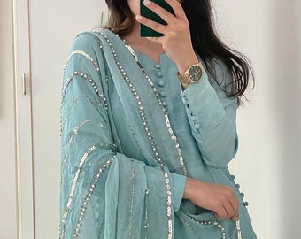 Eid Partywear Blue Kurta met Pent en dupatta Pakistaanse ontwerper zware 3-delige Salwar Kameez voor bruiloften Kant-en-klare jurken pak voor eid