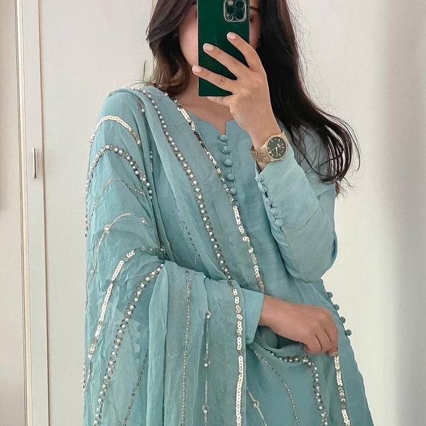 Eid Partywear Blue Kurta with Pent and dupatta Pakistani Designer heavy 3 piece Salwar Kameez for Weddings Readymade Dresses suit for eid