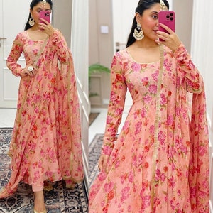 New peach pink floral printed anarkali dress for summer wear, Georgette anarkali suit, anarkali gown, party wear dress,dress for Summer wear