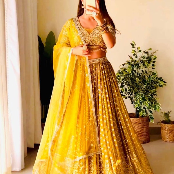 Haldi yellow embroidered lehenga choli set with dupatta for haldi function, party wear holi outfit lehenga choli for womens wear,indian wear