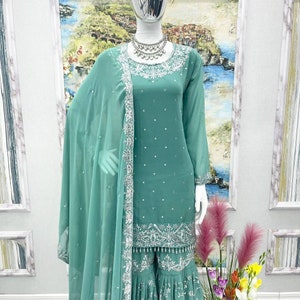 Aqua blue heavy embroidered sharara with top & dupatta,dress for eid,pakistani suit set,pakistani dress,gift for eid,designer sharara suit image 9