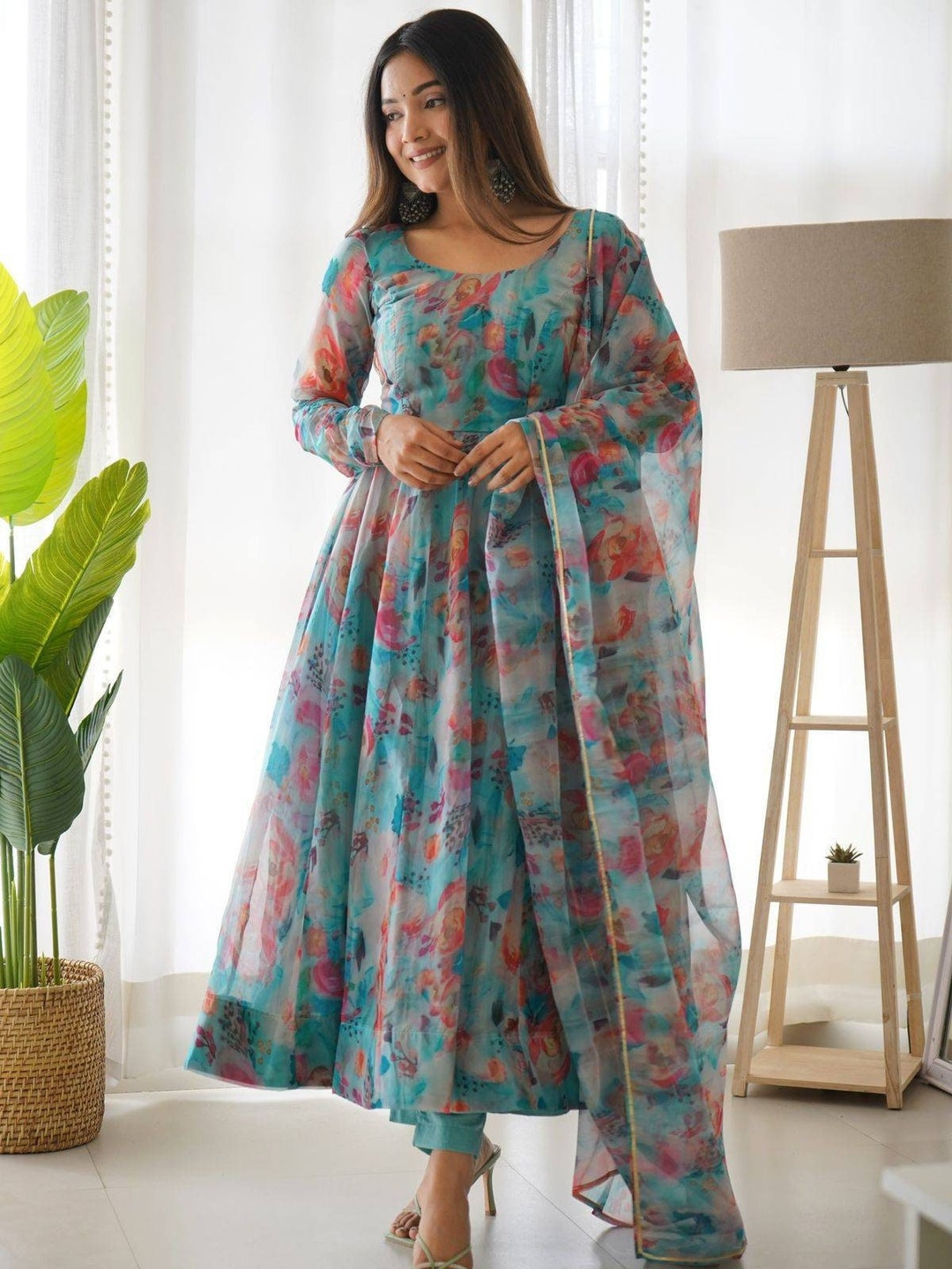 Buy Sky Blue Base Floral Jaal Printed Organza Fabric With Belt Online