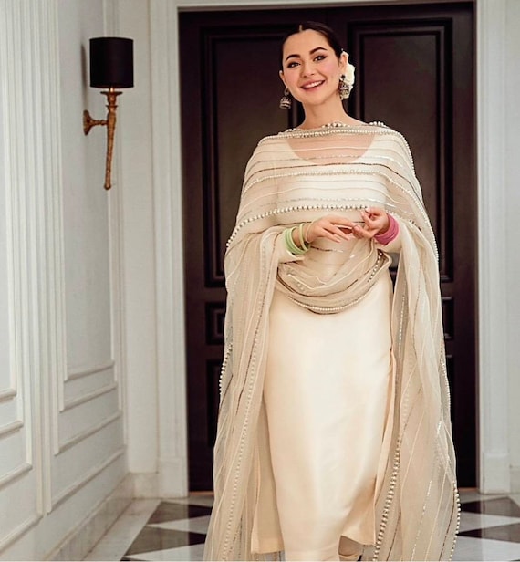 Bell Sleeves Off-White Kurti With Heavy Dupatta
