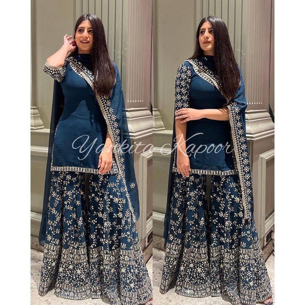 New peacock blue Embroidered sharara suit with kurti and dupatta, party wear sharara suit,dress for wedding,suit for wedding function wear