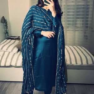 Eid Partywear Blue Kurta with Pent and dupatta Pakistani Designer heavy 3 piece Salwar Kameez for Weddings Readymade Dresses suit for eid