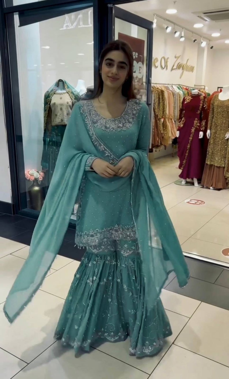 Aqua blue heavy embroidered sharara with top & dupatta,dress for eid,pakistani suit set,pakistani dress,gift for eid,designer sharara suit image 3