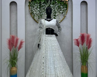 Nieuwe ontwerper witte lehenga choli met Georgette werk dupatta, partywear lehenga, rakhi wear jurk, lehenga voor huwelijksfeest, navratri lehenga