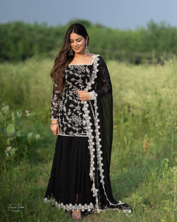 Georgette Three Fourth Sleeves Ladies Black Kurti Sharara Set, For Party  Wear, Size: Free Size at Rs 1000/piece in Cheema