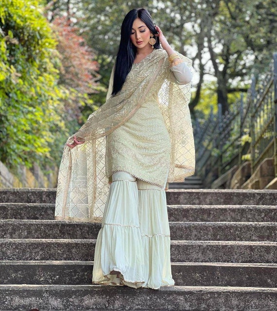 Cream Chiffon Heavy Embroidered Sharara Set