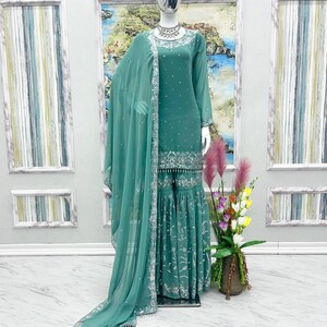 Aqua blue heavy embroidered sharara with top & dupatta,dress for eid,pakistani suit set,pakistani dress,gift for eid,designer sharara suit image 5