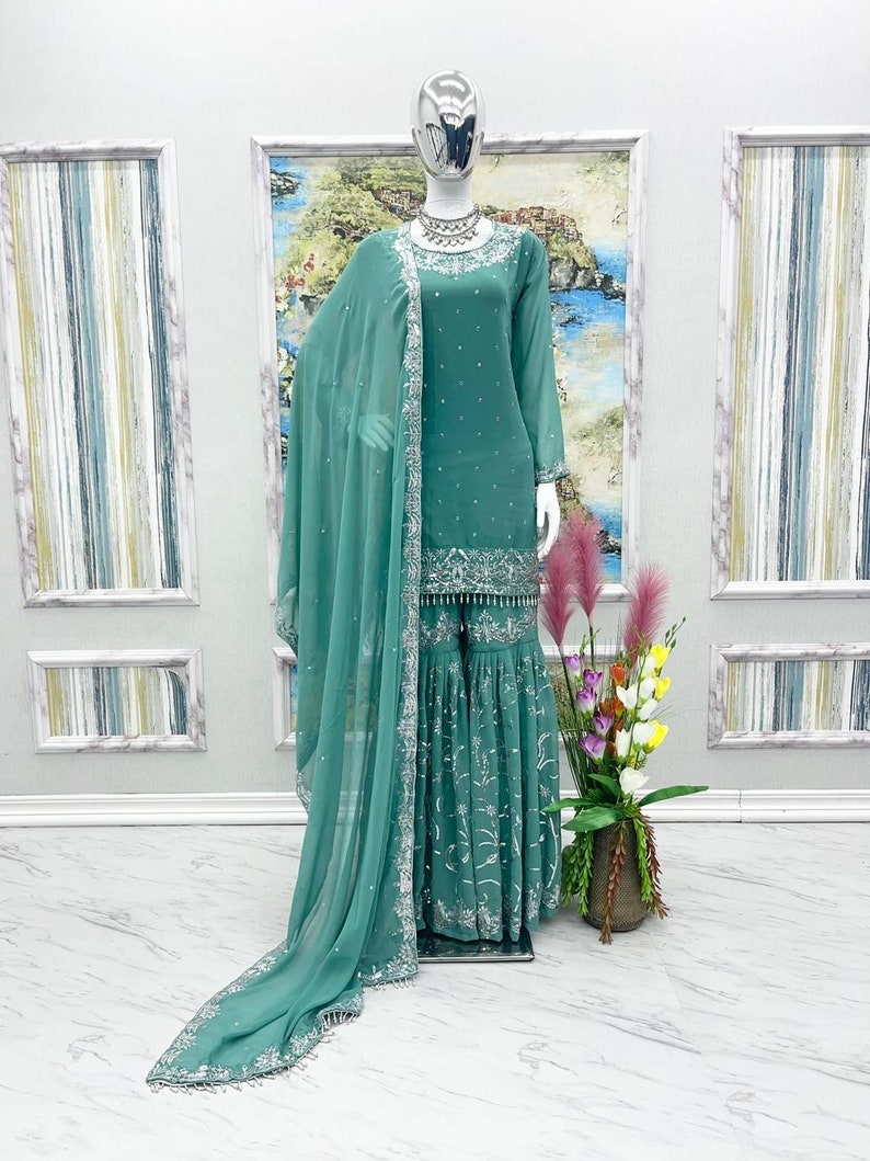 Aqua blue heavy embroidered sharara with top & dupatta,dress for eid,pakistani suit set,pakistani dress,gift for eid,designer sharara suit image 5