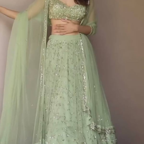 Designer mehandi green lehenga with blouse and dupatta,haldi wear outfit,wedding wear lehenga,designer lehenga choli for women,womens wear