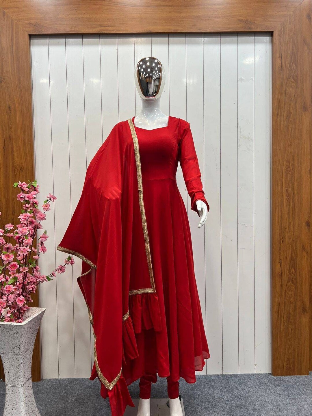 Buy Designer Red Anarkali Dress With Pent and Dupatta summer Wear