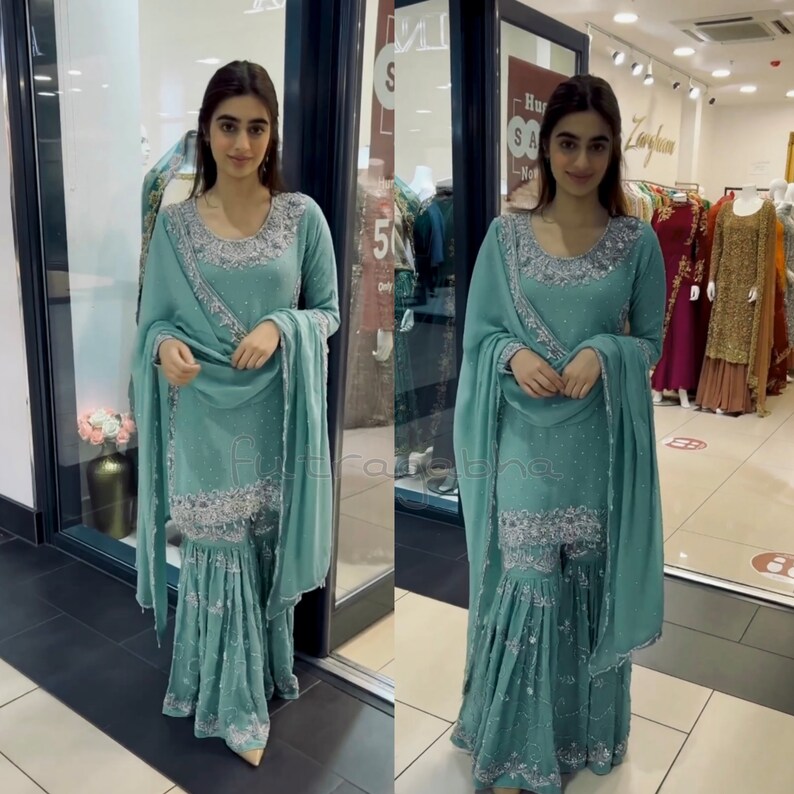 Aqua blue heavy embroidered sharara with top & dupatta,dress for eid,pakistani suit set,pakistani dress,gift for eid,designer sharara suit image 1