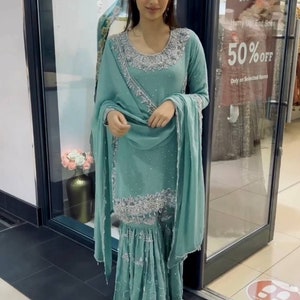 Aqua blue heavy embroidered sharara with top & dupatta,dress for eid,pakistani suit set,pakistani dress,gift for eid,designer sharara suit image 7