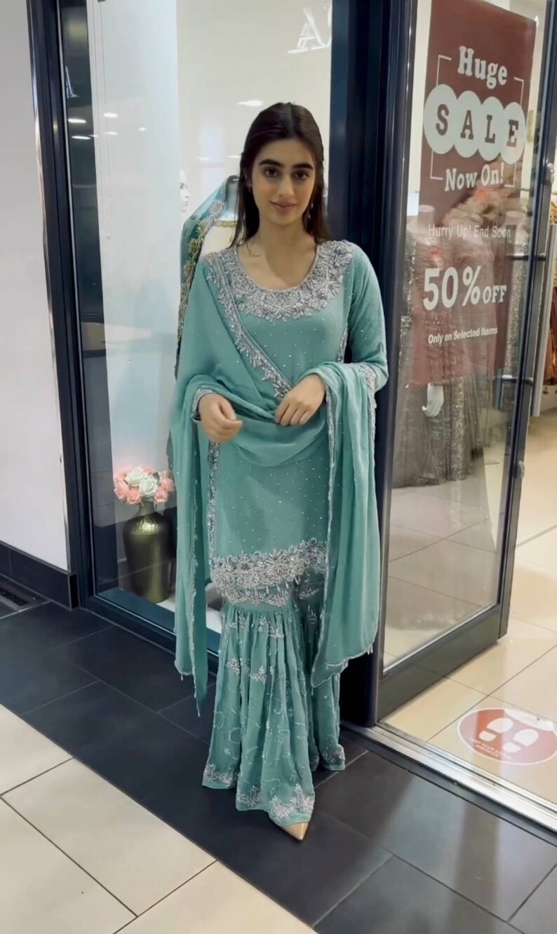 Aqua blue heavy embroidered sharara with top & dupatta,dress for eid,pakistani suit set,pakistani dress,gift for eid,designer sharara suit image 7