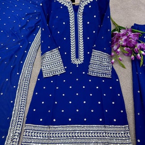 Eid Partywear Blue Kurta with Sharara and dupatta Pakistani Designer heavy 3 piece Salwar Kameez for Weddings Readymade Dresses suit for eid