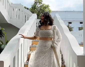 Nieuwe designer witte lehenga choli met Georgette werk dupatta, partywear lehenga, rakhi wear jurk, lehenga voor huwelijksfeest, navratri lehenga