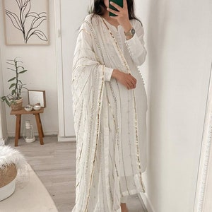 Eid Partywear white Kurta with Pent and dupatta Pakistani Designer heavy 3 piece Salwar Kameez for Weddings Readymade Dresses suit for eid