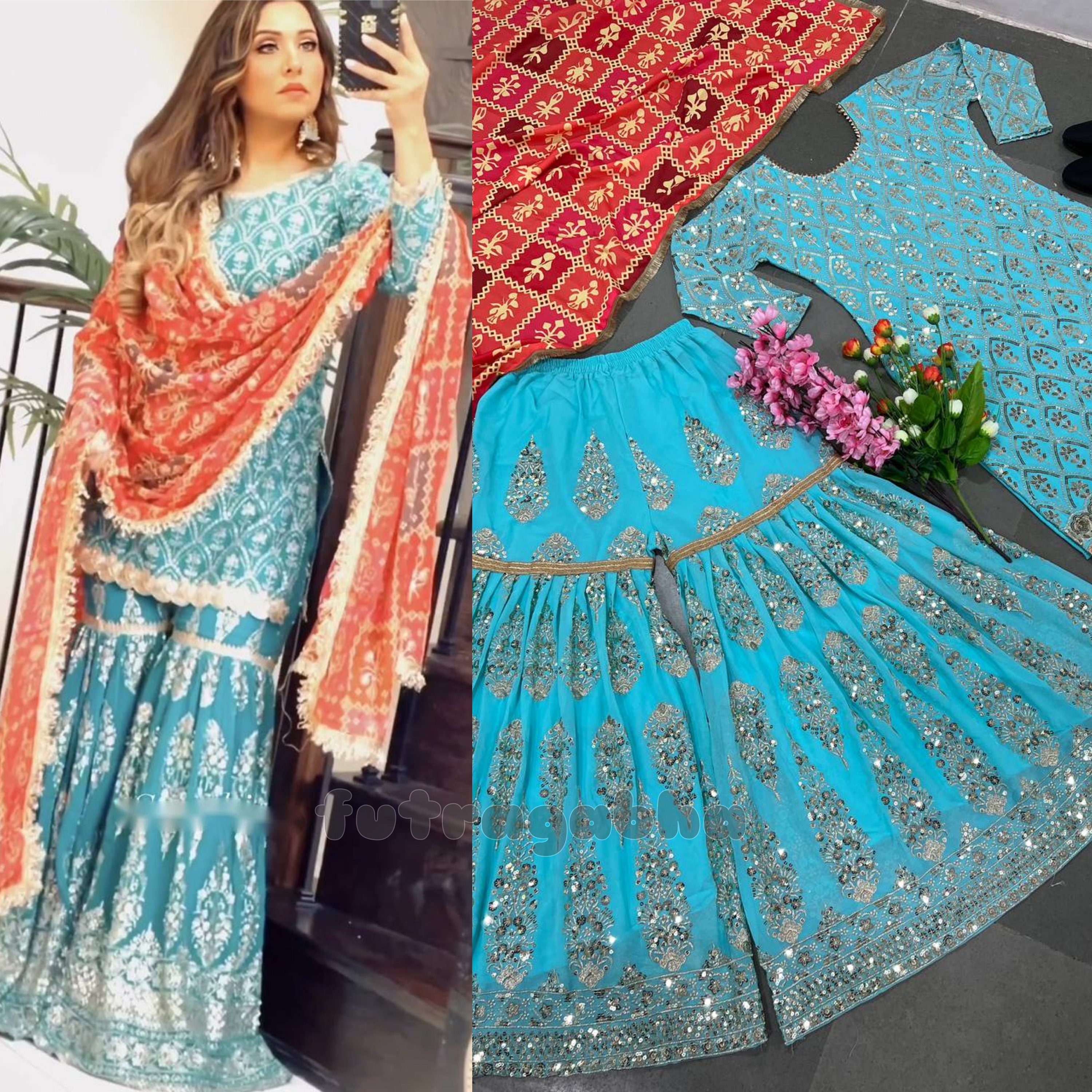 Turquoise Digital Print Pakistani Pant Style Suit - Indian Heavy