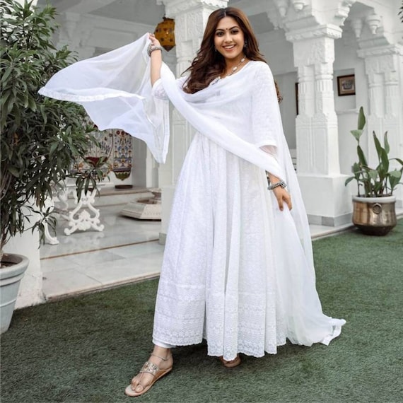 white anarkali dress