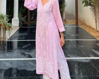 New designer pink chikankari work kurti with palazzo,daily wear dress,office wear,summer wear,party wear,white dress,kurti with palazzo set