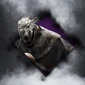 Puede incluir: Una figura horrible, pálida y esquelética con una máscara afilada y dentada y una capa oscura con capucha. La figura se coloca sobre un fondo morado con un marco en forma de diamante.