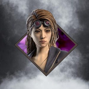 May include: A woman with brown hair wearing a black jacket and goggles with purple lenses. She has a serious expression on her face. The background is a purple and black diamond shape.