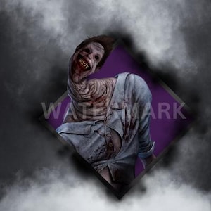 May include: A distorted, pale figure with a wide, toothy grin, wearing a light blue shirt with blood stains. The figure is set against a purple background.