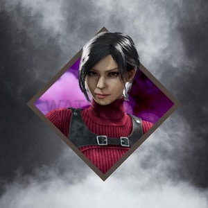 May include: A woman with dark hair wearing a red turtleneck sweater with a black harness over it. The background is a purple and black gradient.