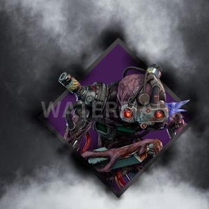 Puede incluir: Una ilustración digital púrpura y gris de una criatura monstruosa con una cabeza grande, ojos rojos y un arma. La criatura lleva un casco y tiene un brazo mecánico.