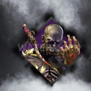 May include: A digital illustration of a skeletal figure with glowing purple eyes, holding a bloody dagger and a golden gauntlet with a red gem. The figure is set against a purple background with a diamond-shaped frame.