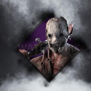 May include: A close-up of a monstrous creature with a grotesque, stitched-together face and a sharp, jagged mouth. The creature is depicted in a purple diamond-shaped frame, suggesting a video game character.