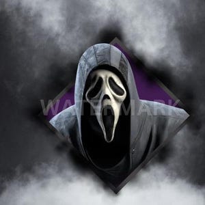 May include: A black hooded figure wearing a white ghost mask with a wide open mouth. The figure is in a diamond-shaped frame with a purple background.