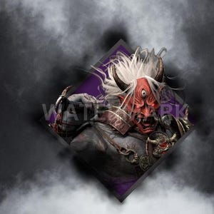 以下が含まれることがあります： 額の中央に第三の目を持つ赤と白の悪魔のマスク。悪魔は長い白い髪を持ち、金色のアクセントがついた暗いローブを着ています。