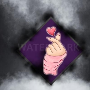 Może przedstawiać: Fioletowy grafika w kształcie rombu z różową ręką wykonującą gest w kształcie serca. Różowe serce znajduje się nad ręką.