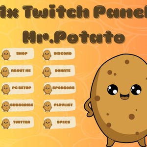 Könnte beinhalten: Eine digitale Grafik mit einer Cartoon-Kartoffel-Figur mit großen Augen und einem lächelnden Mund. Das Bild enthält den Text "31x Twitch Panels Mr. Potato" und mehrere Schaltflächengrafiken mit Text wie "Shop", "Discord" und "Subscribe". Der Hintergrund ist ein Farbverlauf von Gelb und Orange.