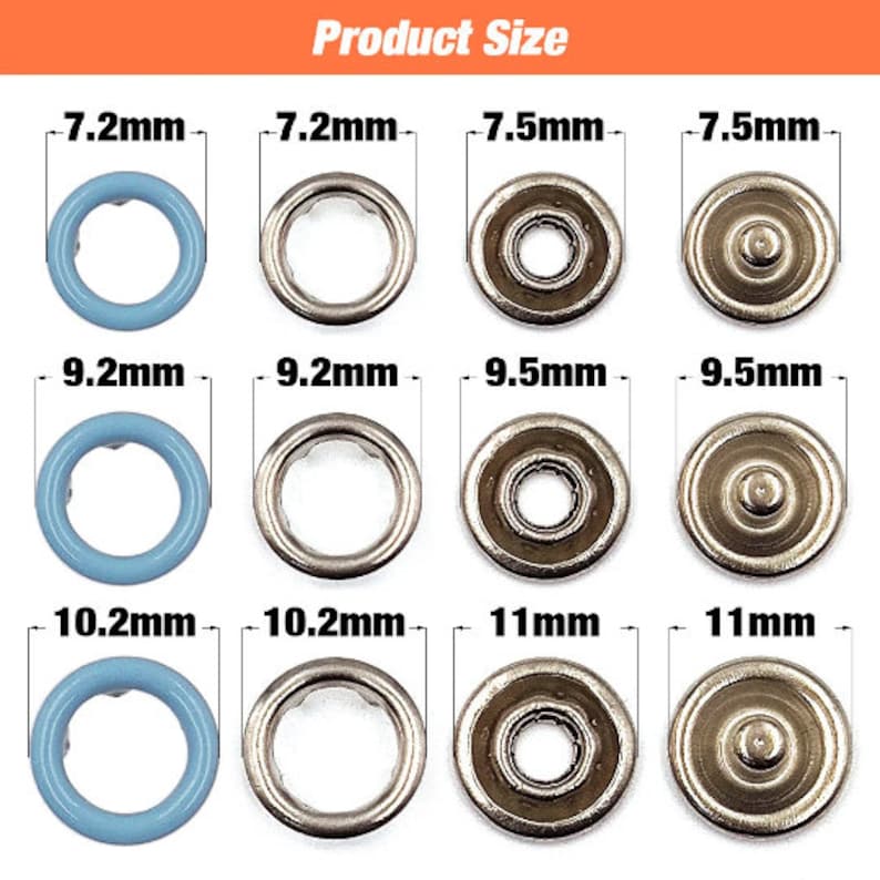 50 Sets 7,5 mm / 9,5 mm / 11 mm Metall-Zinken-Druckknopf-Zinken-Druckknopf-Ring-Bolzen-Verschlüsse für Kleidung Kleidungsstück Nähen-Beutel-Schuhe Bild 2