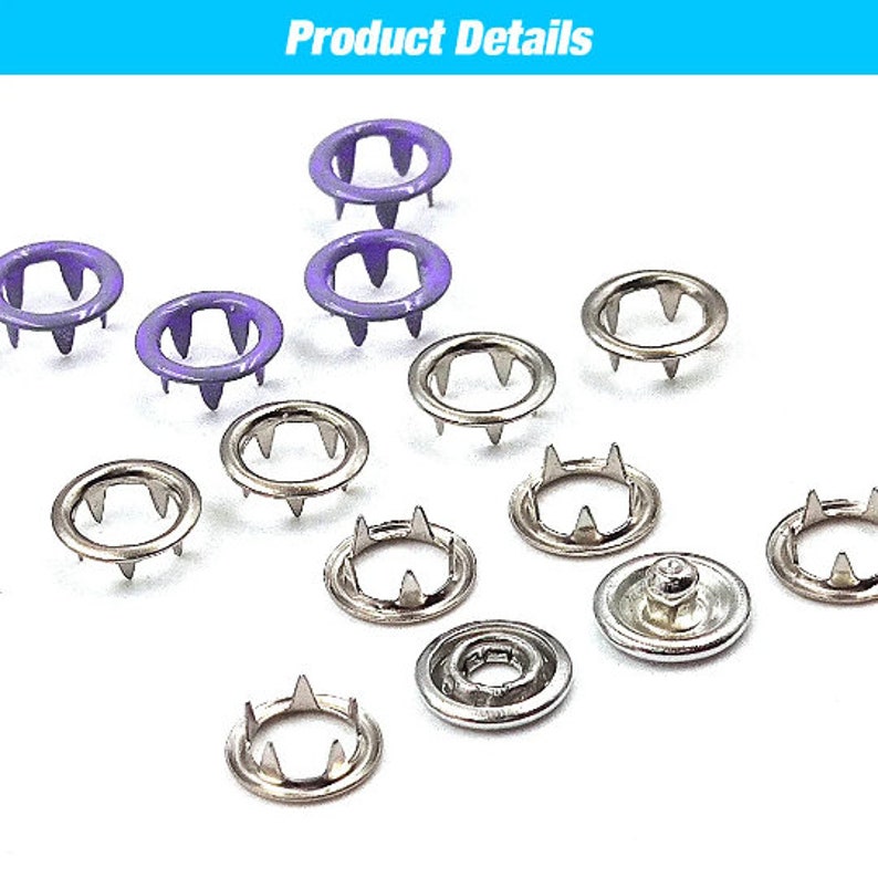 50 Sets 7,5 mm / 9,5 mm / 11 mm Metall-Zinken-Druckknopf-Zinken-Druckknopf-Ring-Bolzen-Verschlüsse für Kleidung Kleidungsstück Nähen-Beutel-Schuhe Bild 8