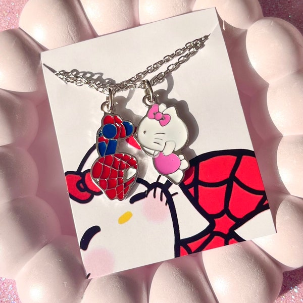 Spider Hello Kitty paar ketting, Spider Kissing Kitty ketting, minnaar ketting, vriendschap kettingen, Valentijnsdag cadeau idee